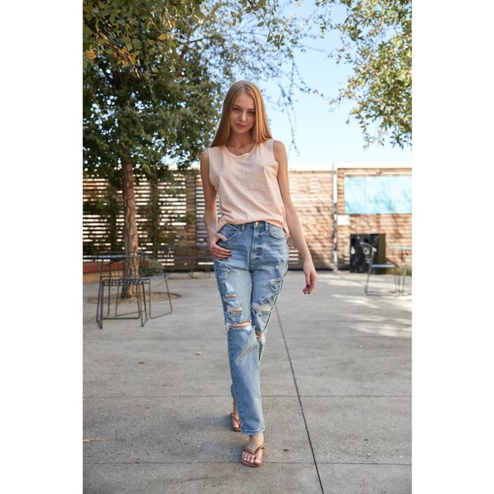 Top Tier Medium blue Distressed Straight Leg Jeans